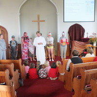 Easter Pantomime, March 2013 (L to R Debbie, guard, women, Jesus, chicken, bunny, (obscured) John the disciple)
